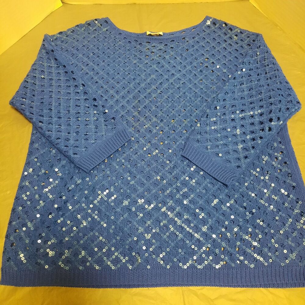 Chico's Womens Open Knit Sequin Sweater 3/4 Sleeve Blue Pullover Size 3 / XL